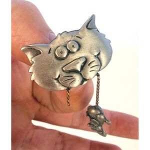 Vintage JJ Jonette Jewelry Pewter Cat and Mouse Brooch, Whimsical Feline Pin